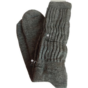 May include: A pair of gray knitted socks with a white fuzzy lining. The socks are folded in half and have a ribbed texture.