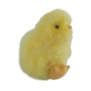 May include: A small, fluffy yellow chick plush toy with black eyes and a yellow beak. The chick is sitting on a white background.