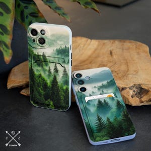 Capa de bolso para cartão com estampa de floresta enevoada para iPhone 15 Pro Max, iPhone 14+, 13, 12 Mini, X, XR, XS Max, Samsung S24 Ultra, Note 20, Galaxy S23, S22, S21, cm001