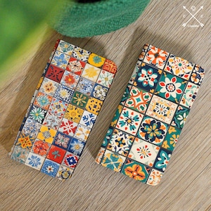 Funda billetera con diseño de azulejos para Google Pixel 6a 7 pro 9 8a Galaxy A25 A16 A52 5g A54 S22 S21 S24 S23 S20 iPhone 16 pro 15 14 13 12 11 8 7 cm043