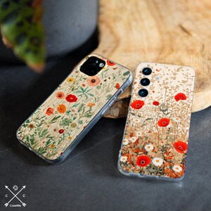 May include: Two phone cases with a floral design featuring red poppies and white daisies on a beige background. The cases are clear and show the phone's camera lenses.