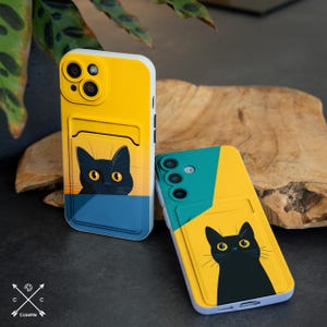 Capa de bolso para cartão de gato preto fofo para Galaxy S24 plus Samsung S22 Ultra Note 20 S23 S21 S20 iPhone 15 pro max iPhone 14 13 12 X xr XS cm029