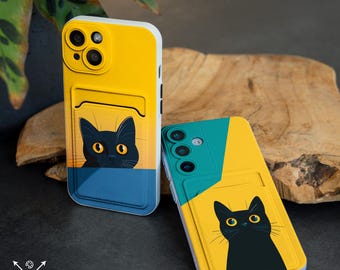 Cute black cat card pocket case for Galaxy S24 plus Samsung S22 Ultra Note 20 S23 S21 S20 iPhone 15 pro max iPhone 14 13 12 X xr XS cm029