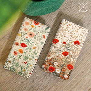 Étui portefeuille à rabat fleur de pavot Google Pixel 7a 9 pro 6a 8a iPhone 14 16 15 13 12 11 8 similicuir Samsung A25 A54 S24 S23 S22 S21 S20 cm025w