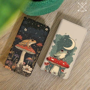 Capa tipo carteira de couro sintético com estampa de sapo cogumelo para iPhone 16 15 pro max 14 13 12 11 8 7 Samsung A16 A52 A54 S21 S24 S23 S22 Pixel 9 6 7a cm032
