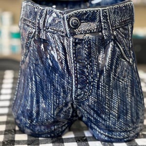 May include: A ceramic planter shaped like a pair of blue denim shorts. The planter has realistic details, including pockets, stitching, and a button. The denim effect is achieved with textured glaze.