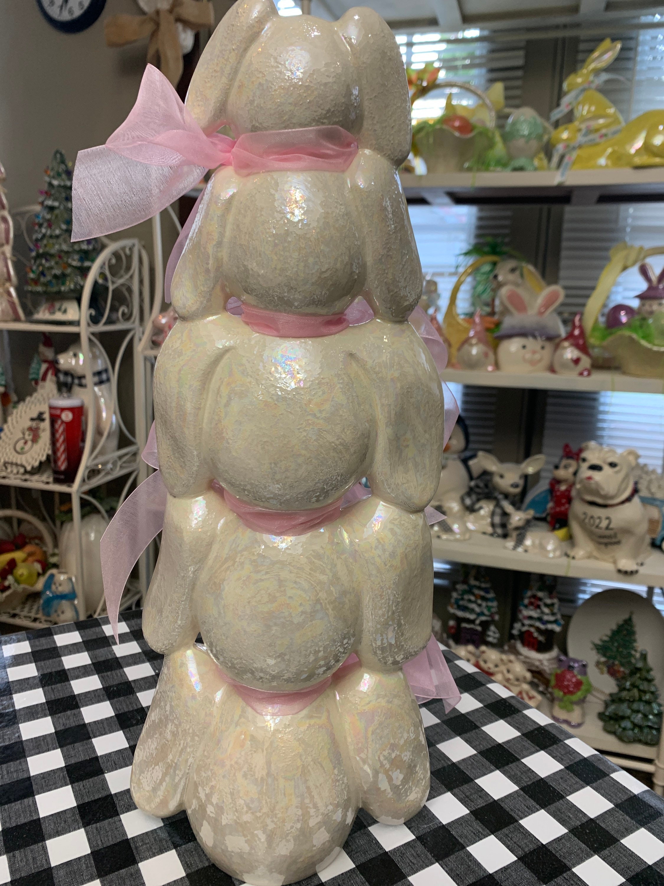Hand-painted Ceramic Bunny Stack – Mother of Pearl Iridescent Spring ...