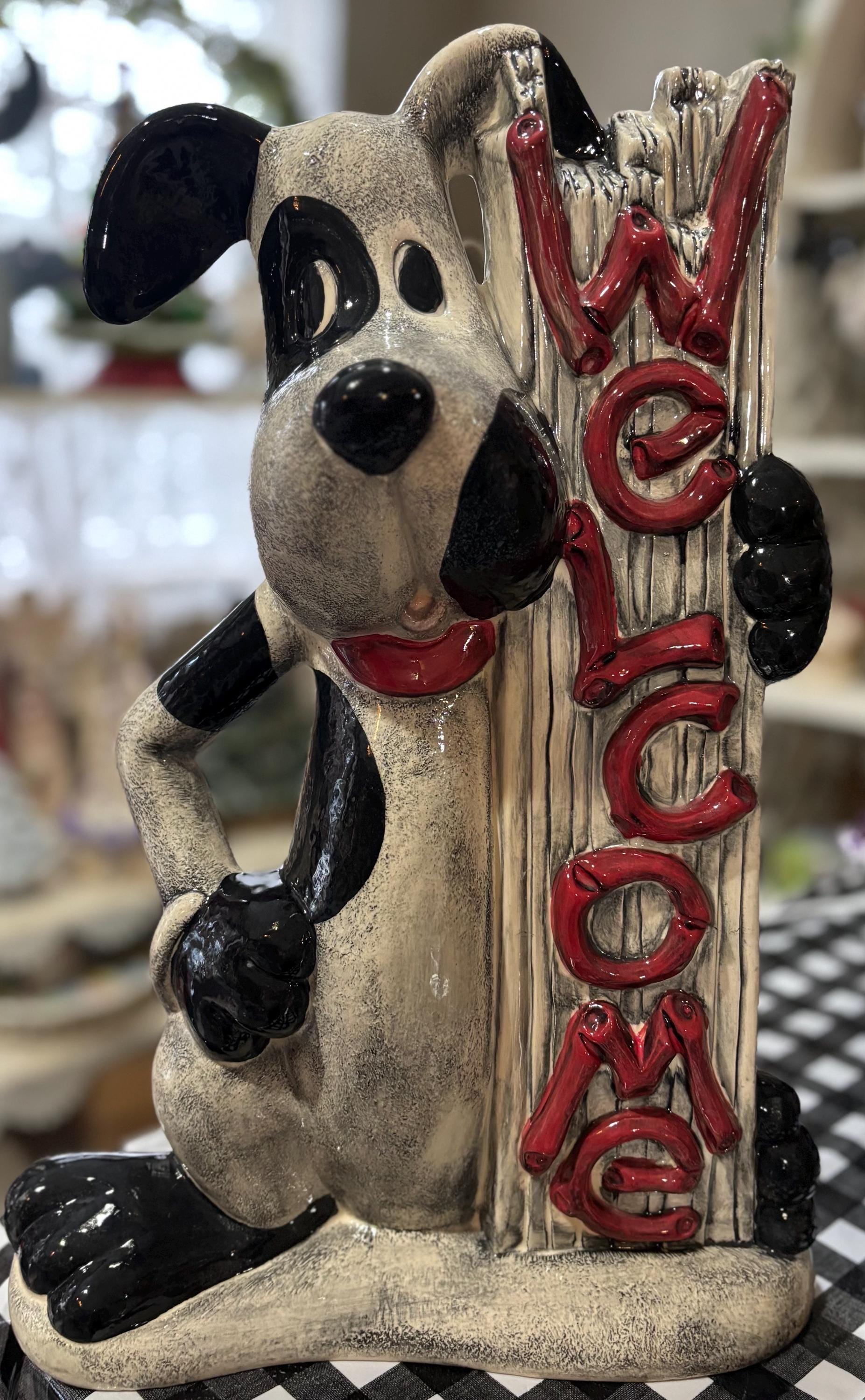 Handcrafted Ceramic Welcome Dog – Black & White With Red “welcome