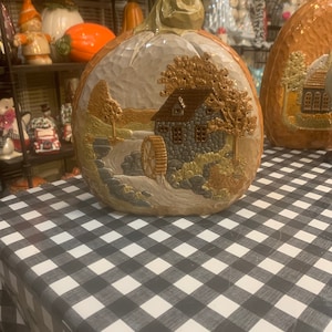 Handcrafted Ceramic Fall Pumpkin with Gristmill Scene