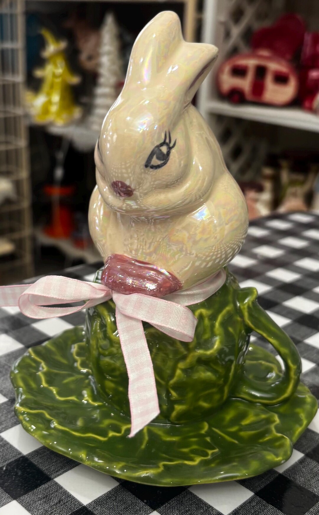 Hand-painted Ceramic Bunny on Cabbage – Mother of Pearl Iridescent ...