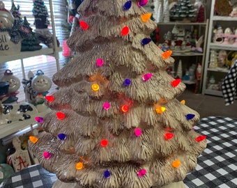 Hand-Painted Ceramic Christmas Tree – Antiqued Finish with Lights, Twist Bulbs, 18”