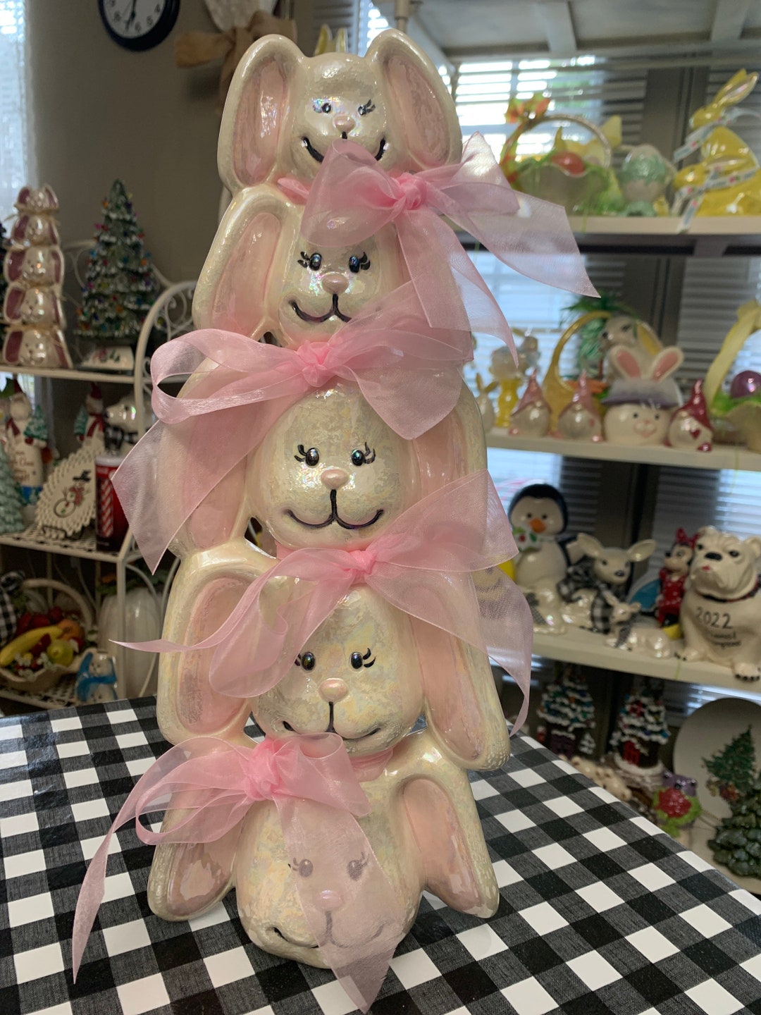 Hand-painted Ceramic Bunny Stack – Mother of Pearl Iridescent Spring ...