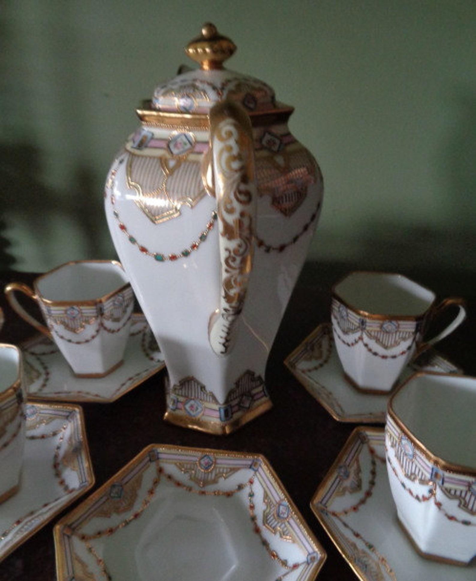 Antique Nippon Chocolate Set ROYAL CROCKERY Beaded Moriage Art Etsy