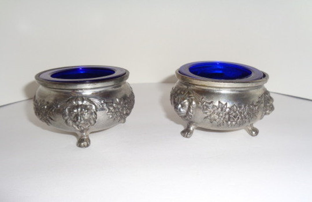 Swag Insert Antique Pair of Salt Cellars Lions & Floral Swags Cobalt Inserts ...