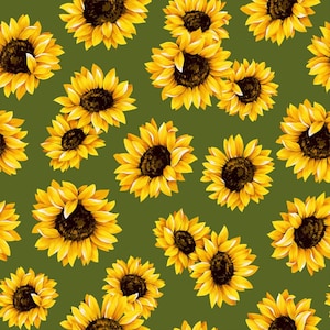 Tessuto Sunflower Dance Olive di Marshall Dry Goods 100% cotone - Un metro di taglio continuo per quilting, cucito e artigianato