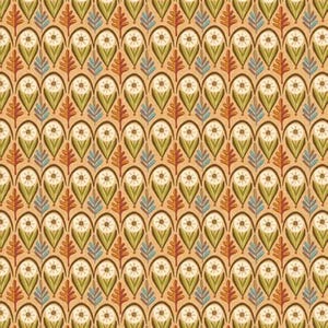 Pode incluir: Padrão repetitivo com motivos florais e foliares estilizados em tons de bege, verde-oliva, ferrugem e verde-azulado. O design apresenta uma disposição simétrica de elementos em forma de gota com uma flor central.