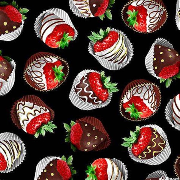 Chocolicious by Greta Lynn for Kanvas 09843 Strawberry Delight Black - One Yard Cut Continuously - 100% cotton fabric Quilting, Apparel