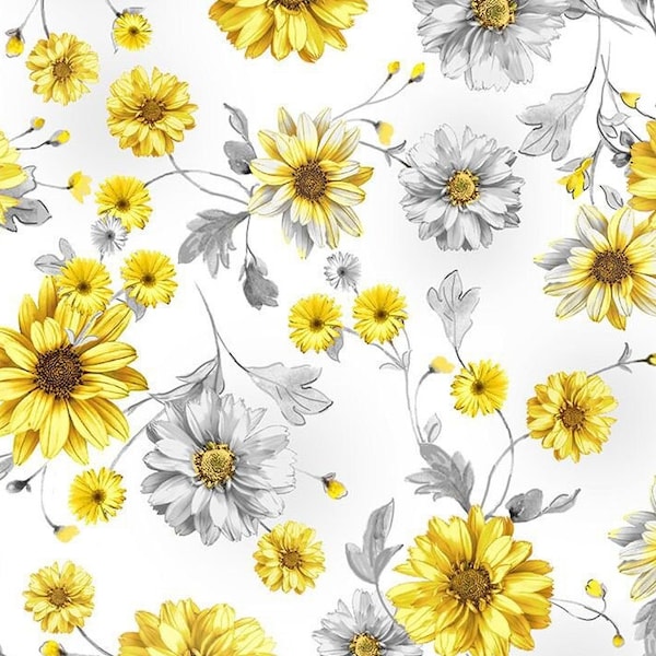 Tossed Queen Bee Sunflowers FLEUR-CD1363 - Grey Timeless Treasures -One Yard Cut Continuously-100% cotton fabric Quilting, Apparel