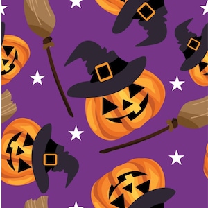 Smiling Pumpkins On Purple Halloween Fabric - By Marshall Dry Goods - Purple - One Yard Cut Continuously - 100% cotton fabric