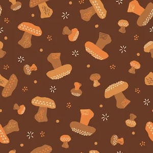 May include: A repeating pattern of stylized mushrooms in shades of brown and orange on a dark brown background. White star-shaped and small dot accents are scattered throughout the design. The mushrooms vary in size and shape.