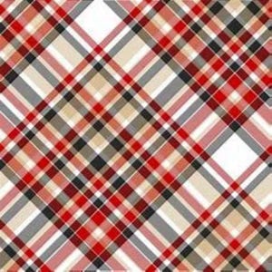 May include: Diagonal plaid pattern in red, black, white, and tan. The design features intersecting lines creating a classic tartan or plaid effect. The color scheme is a mix of warm and neutral tones, suitable for various applications.