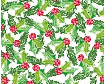 May include: A repeating pattern of green holly leaves, red berries, and pine needles on a white background. The design is a watercolor style, with a festive Christmas theme.