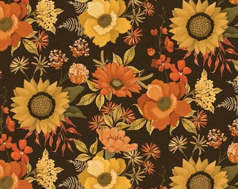 May include: A repeating fabric pattern featuring a dark brown background with a dense arrangement of sunflowers, orange poppies, yellow blossoms, and delicate fern leaves. The floral design displays a warm color palette of gold, amber, and rust.