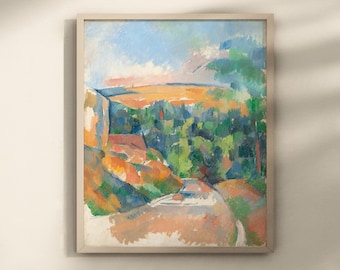 Peut inclure: Peinture de paysage encadrée dans un cadre en bois clair. L'œuvre représente une scène colorée avec une route, des arbres et un bâtiment. La palette de couleurs comprend des nuances d'orange, de vert, de bleu et de beige.