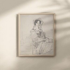 Vintage Charcoal drawing of woman, Mrs. Charles Badham by Jean Auguste Dominique Ingres 1816 graphite on wove paper printable classic art.