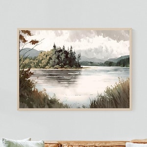 Watercolor Painting Lake in Minnesota in Autumn Print, Lake Scene Printable, Print in over 25 sizes, Instant Download