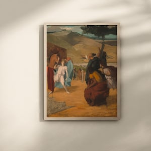 May include: A framed print of a classical painting depicting a scene with multiple figures in a landscape. The artwork features figures in white, red, and blue garments, with a backdrop of hills and a tree. The painting has a warm color palette.