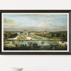 Könnte beinhalten: Ein gerahmter Druck eines historischen Landschaftsgemäldes. Das Kunstwerk zeigt einen großen Palast mit einem formalen Garten, einem großen Teich und Figuren in historischer Kleidung. Der Rahmen ist dunkelbraun.