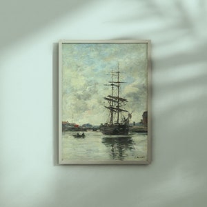 Ship on the Touques by Eugene Boudin c. 1888/1895 oil on wood printable vintage art