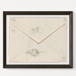 May include: A framed print of a vintage envelope. The envelope is a light beige color with pencil sketches of floral designs and a circular stamp. The frame is a dark brown color.