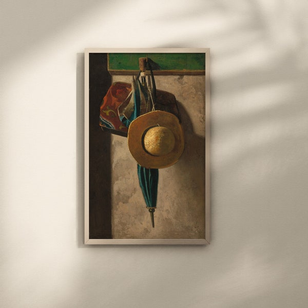 Straw Hat by John Frederick Peto Bag, and Umbrella, 1890/early 1900s oil on fabric transferred from canvas board printable vintage painting.