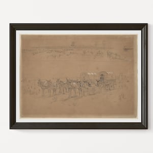 Covered wagon art, Supply Train and Mules by Winslow Homer 1864 graphite on wove paper printable vintage painting.