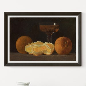 Stillleben mit Orangen und Kelch Wein von John Friedrich Peto 1880 1890er Jahre Öl auf Künstlerkarton klassische Malerei druckbare Kunst.