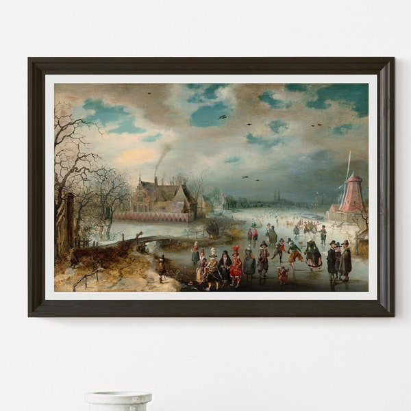 Skating on the Frozen Amstel River by Adam van Breen 1611 oil on panel printable vintage art