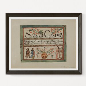 Pa. Duitse geboorteakte afdrukbare klassieke galeriekunst door Glenn Pearce c. 1936 aquarel, kleurpotlood en grafiet op papier