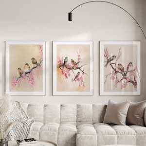 Pink Cherry Blossom and Birds Watercolor, Set of 3 Prints, March Birth Flower Printable -  Water Color Sakura  Wall Art