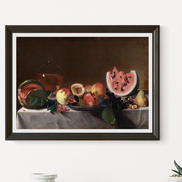 Still Life with Fruit and Carafe by Pensionante del Saraceni c. 1610/1620 oil on canvas printable vintage art