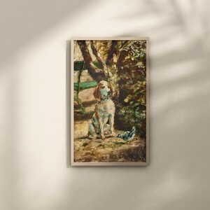 May include: A framed oil painting of a dog sitting in a garden. The dog has brown and white fur and is sitting on a stone surface. The background features green foliage and a green bench. The painting has a vintage aesthetic.