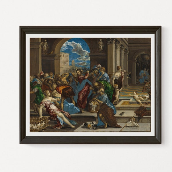 Christ Cleansing the Temple by El Greco probably before 1570 oil on panel printable vintage art