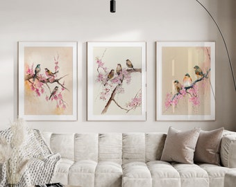 Cherry Blossom Print Pink Wall Art Downloadable Prints Set of 3 - Blush Pink Floral Wall Art, Watercolor Flowers Minimalist Wall Art