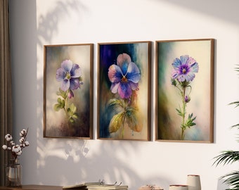 Conjunto de pintura al óleo suave de flores moradas de 3, arte de pared oscuro y cambiante imprimible, estampados de lavanda a juego