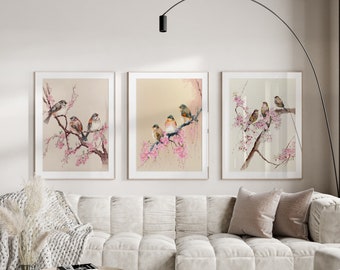 Blush pink wall art digital set of 3 Floral Prints of Cherry Blossom Branches and Birds