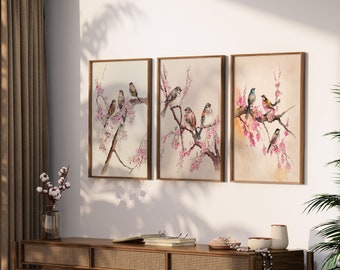 Cherry Blossom Printable Art Set of 3 - Sakura Print,  Boho Home Decor, Minimalist Bedroom Art
