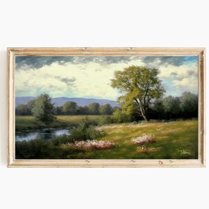 Digital Frame 16 9  TV art:  Landscape Print Oil Painting Rolling Hills by a Tranquil Stream