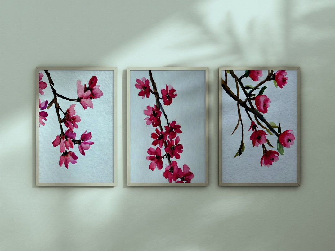 Minimalist Bedroom Cherry Blossom Wall Art, Blush Pink Flowers Set of 3 ...