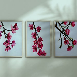 Minimalist Bedroom Cherry Blossom Wall Art, Blush Pink Flowers Set of 3